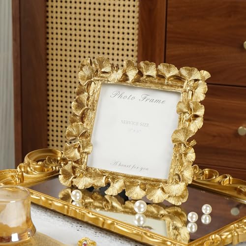 Vintage Gold 5x5 Picture Frame, Gold Ornate Leaf Textured Hand-Crafted Resin with Glass Front, Antique Square Photo Frame for Tabletop Display, Retro Design Home Decor