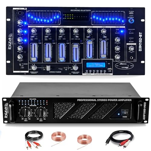 Ibiza - Pack Sono DJ Ampli Ibiza Sound AMP1000-MKII 1600W - Table Mixage Bluetooth DJM102-BT USB Jack XLR - Câbles RCA Jack enceintes inclus