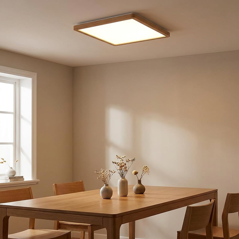 Deckenpanel Deckenlampe Deckenleuchte LED Panel Badezimmerlampe Badleuchte, IP44 Backlight Memoryfunktion 3 Stufen, Holzoptik opal, 24W 2300Lm warmweiß, LxBxH 42x42x2,5cm