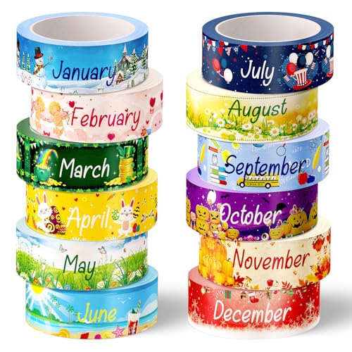 Whaline 12 Rolls Holiday Monthly Washi Tape Seasonal Masking Tape Set 12 Months of The Year Decorative Wrapping Paper Tapes Boxed for Scrapbook Journal DIY Crafts