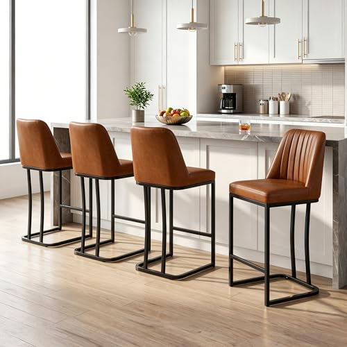 Image of LSSBOUGHT Counter Height Bar Stools Set of 4,24'' Upholstered Padded Bar Chairs with Black Metal Iron Frame,Faux Leather Island Chairs(Brown, 4pcs)