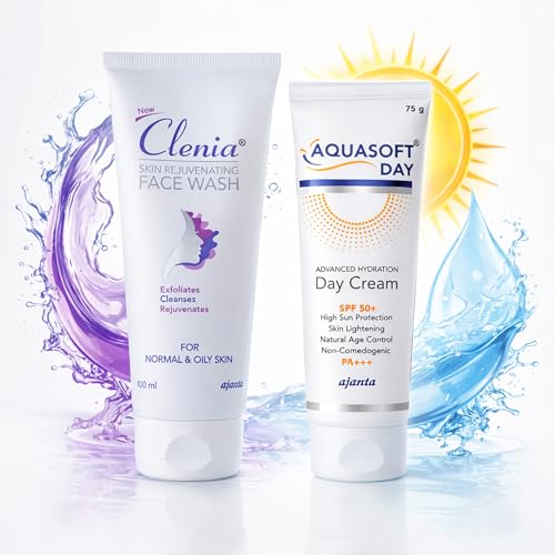 Image of Clenia Skin Rejuvenating Face Wash (100g) & Aquasoft Day SPF 50+ Cream (75g) - Brightening Cleanser & Hydrating Sunscreen Duo for Glowing Skin