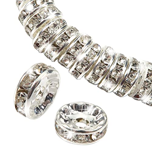 TOAOB 100pcs Perles Rondelles Perles D'espacement Perles Intercalaires en Métal 8mm Argent avec Strass pour Fabrication de Bijoux Collier Bracelet DIY...