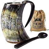 Viking Culture - Hot Viking Horn Mug with Spoon and Bag, 2 Pc Set, Horned Handle with Rustic Natural Finish, Safely Holds Hot and Cold Tea, Coffee, Cocoa, Wine, Beer or Mead