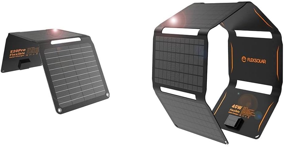 FlexSolar 20W and 40W Solar Panel Charger 5V USB-A USB-C Output Portable Foldable Small Power IP67 Waterproof Camping Backpacking Hiking Emergency for Phones Power Banks Flashlight Fans