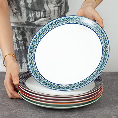 Happy Kit Dinner Plates Ceramic Plate Set - 10.6 Inch Large Porcelain Round Plate Sets Of 6 - Flat Colorful Pattern Dining Plates For Kitchen | Family - Dishwasher | Microwave | Oven Safe(Pattern A) #TOP5