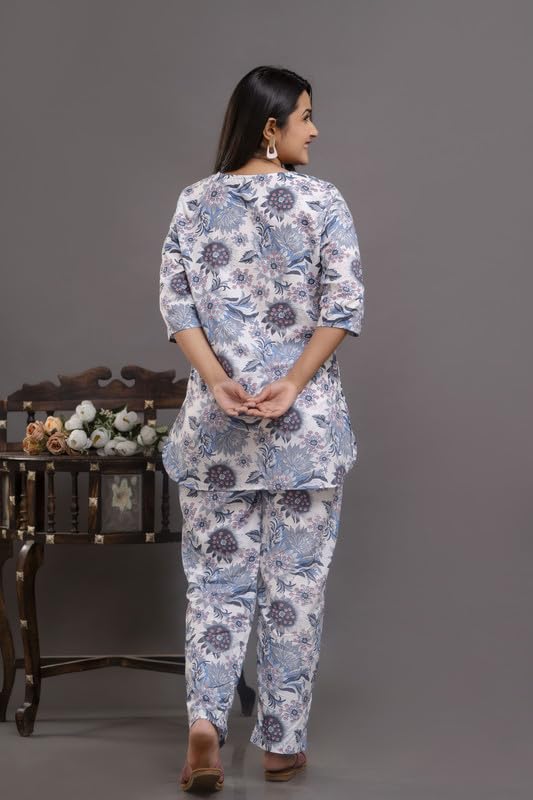 Image of Pure Cotton Printed Night Suit Top and Pyjama Set for Women's Night Dress of Shirt & Pyjama Set for Womens