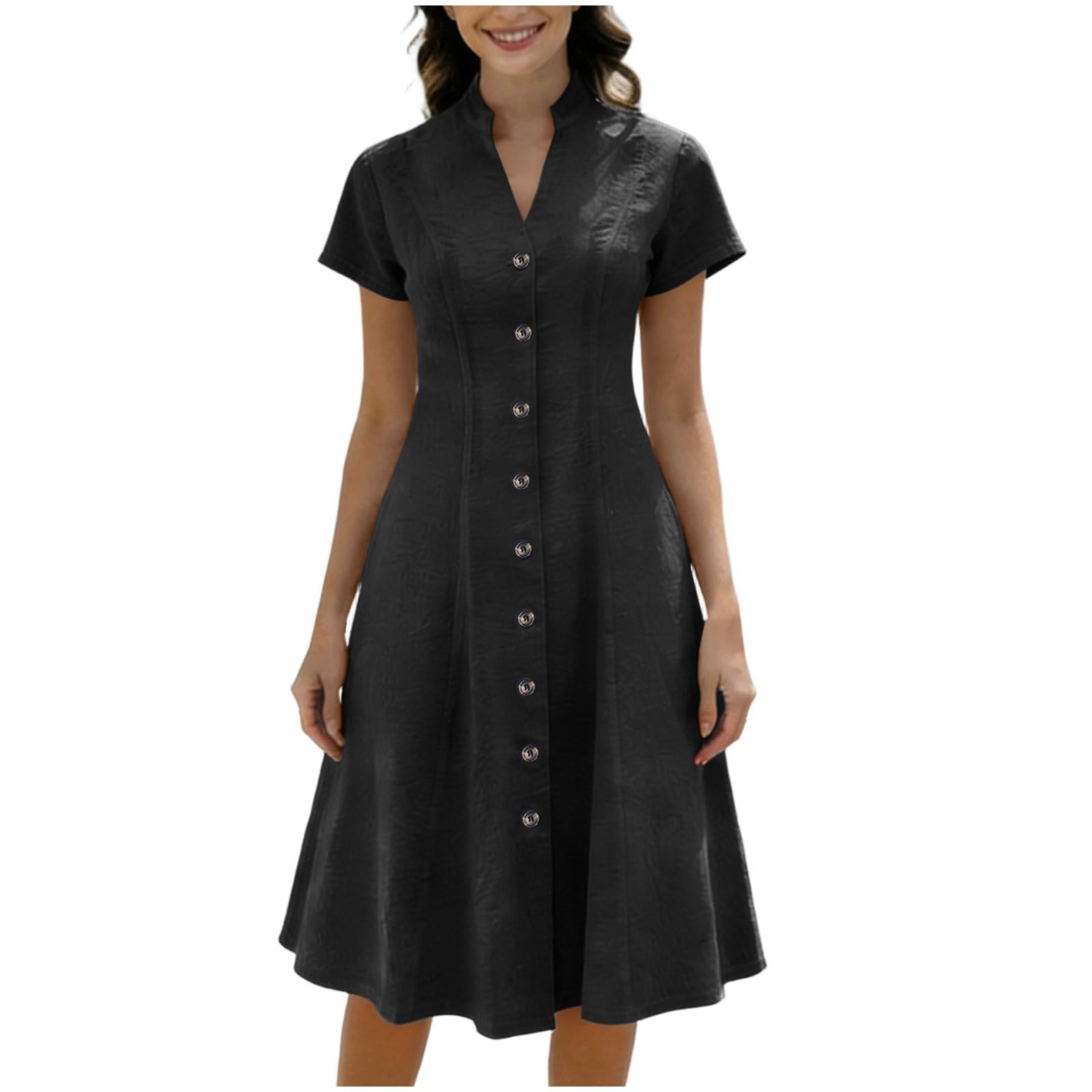 Sommerkleider Damen Elegant Midi Lang - Kleid Kurzarm V-Ausschnitt Freizeitkleider Knielang Kleid mit Taschen mit Knöpfen Kleid Denim-Effekt Atmungsaktiv Jupe in der Taille macht die Figur schlanker