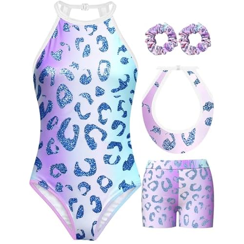 MOLLDAN Gymnastics Leotard for Girls Halter Neck Biketard Unitard Tumbling Activewear for Kids,No Diamond 6Y(6-7 Years) Purple Leopard