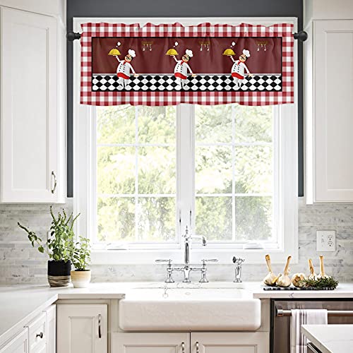 Fat Chef Kitchen Valance Curtains For Living Room/Bedroom/Bathroom/Window,Buffalo Plaid Checked Flag Rod Pocket Red Kitchen Decor Window Valance Tiers Small Cafe Curtains Drape Panel Accessories,54X18 #TOP1