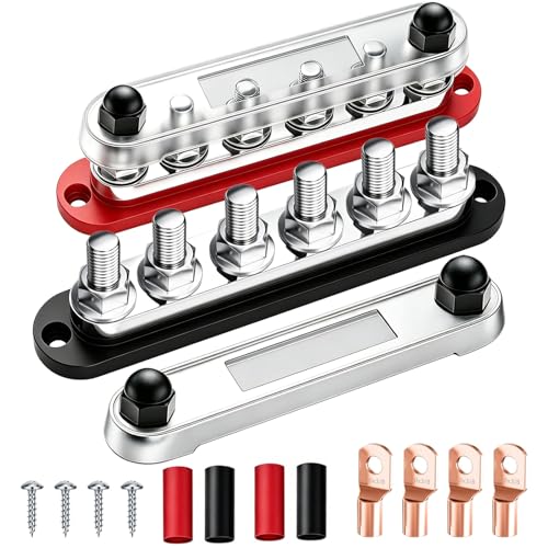 Seamaka 350A 12V-48V Bus Bar Marine Power Distribution Block with Cover with 6 x 3/8”Post,Battery Bus Bar (Pair,Red & Black),Automotive Busbars 12 Volt for Car Boat Solar Wiring