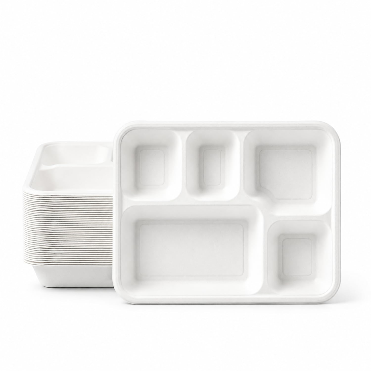 Bonkaso 5 Compartment Bagasse Square Meal Tray Pack of 50 | Disposable Sugarcane Plates | Eco-Friendly & Plastic-Free | Heavy Duty, Microwave Safe Food Serving Trays for Parties, Events & Catering