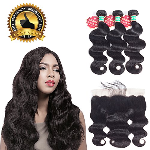 Brazilian 100% Human Hair Body Wave 3 Bundles With 13"X 4"Lace Frontal Closure Natural Color Body Wave Unprocessed Hair (12"14"16"+10"Lace Closure)