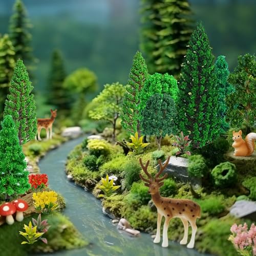 Zofusaier 38pcs Model Trees Mixed Model Plants Flower Cluster Railroad Scenery Diorama Tree Fake Moss Mini Deers Squirrel Mushrooms for DIY Crafts Landscape Train Railroad Decorations Supplies