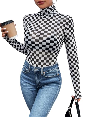 Amazon.com: SHENHE Women's Mock Turtle Neck Checkered Long Sleeve