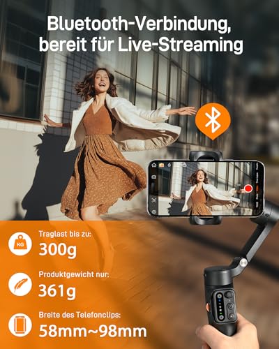 hohem iSteady X3 SE Gimbal Smartphone, 3-Achsen Gimbal Stabilisator, leichtes & faltbares Design mit abnehmbarem Fernbedienung, 11-Stunden-Akku, ideal für Vlogging, Selfies und Reisen