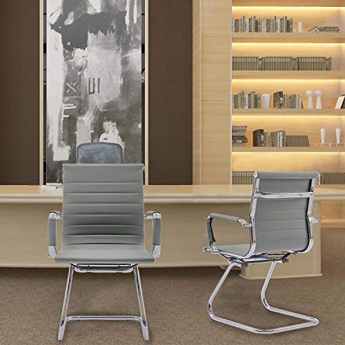 Image of Conference Room Chairs Set of 2, Waiting Room Chairs with Arms, Faux Leather Reception Chairs No Wheels, Office Guest Chairs with Mid Back Support and Chrome Sled Base, Grey
