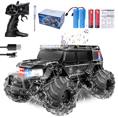 DFWGWO 1:14 RC Police Car Waterproof Amphibious Remote Control Police Car for Kids with Siren Lights Boys Girls Age 6 7 8 9 10 11 12 Gift Present(Black)