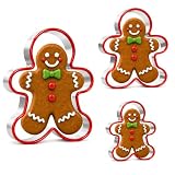 Gingerbread Man Cookie Cutters Set, 3 PCS Gingerbread Man Biscut Cutters Set Stainless Steel Christmas Cookie Cutters with Red Environmental PVC - 5.3/4.5/3.5IN