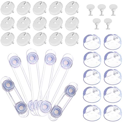 Kit de Seguridad para Infantil Bebé Niño - 6 X Cerraduras de Seguridad para Niños + Protector Enchufes Seguridad Infantil(20 fundas + 5 llaves) +10 X Protectores Esquinas bebés