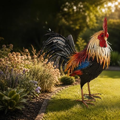 Image of Garden Haven Rob the Rooster Metal Garden Sculpture 69cm Standing Rooster Ornament, Hand-Painted Outdoor Garden Decor for Patio, Lawn & Flower Beds, 69cm H x 66cm W