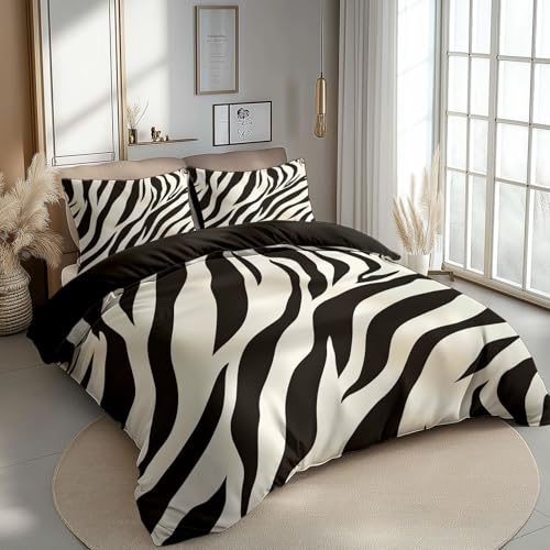 Reversible Bedding Set Duvet Cover Set Cot-bed for Kids Toddler- Zebra Stripes Animals Printed Quilted Comforter Cover with 1 Pillowcases, Coffee, Microfiber, Zipper Closure, 2 Pieces
