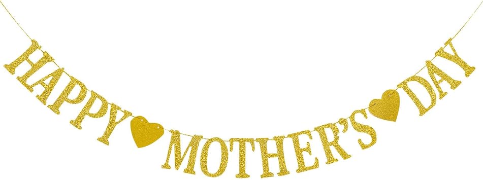 Happy Mothers Day Decorations Banner - NO DIY - Gold Glitter Mothers Day Party Supplies Decorations Backdrop for Mom Photo Props Photography