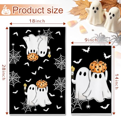 Image of Hexagram Halloween Kitchen Towels, Black Halloween Hand Towels for Bathroom | Ghost Decor, Pumpkin Decor, Stripe Dish Towel, Set of 2, Trick or Treat Decorations, 18x28 Inch, Autumn Gifts