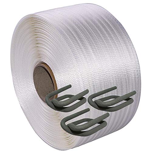 BigLe Umreifungsband 19 mm gewebt Textilband 600 m Kraftband + 200 Drahtverschlussklemmen