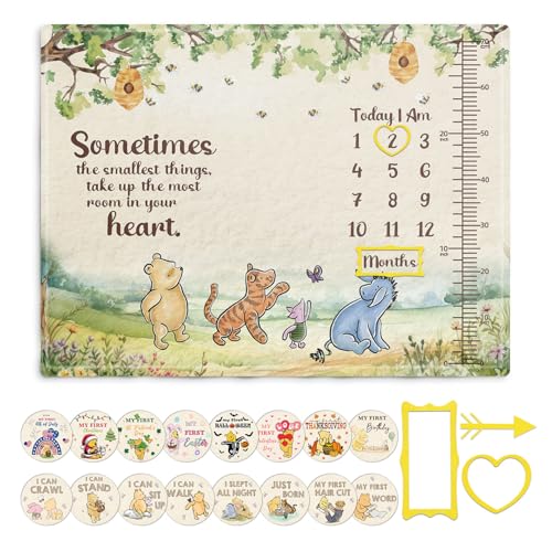 Image of The Pooh Baby Monthly Milestone Blanket, Winnie Monthly Blanket Growth Chart, Winnie Quotes Decor with Double-Sided Printed Cardstock(16 Unforgettable Moments of Babies) 30 * 40in