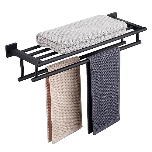 RTCUL Towel Rack for Bathroom 24 Inch Wall Mounted Towel Rack Matte Black Towel Shelf with Double Towel Bar SUS304 Stainless Steel Towel Holder for Bathroom Wall Hotel Towel Rail