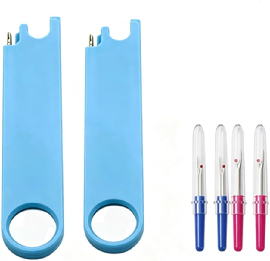 2 Packs 4 in 1 Needle Threader Jack Sewing Tool Seam Guide for Sewing Machine Quick Threading Device for Sewing Machine, Anti Prick Hands,Sewing Machine Needle Threader and 4 Seam Rippers (Blue)