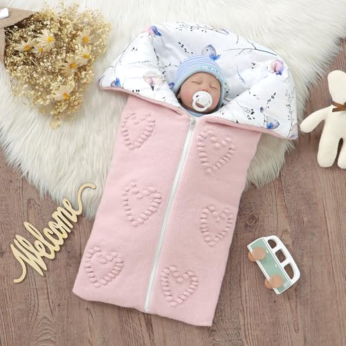 Image of Baby Winter Thick Swaddle Blankets Newborn Heart Dots Receiving Blanket Infant Soft Knit Warm Stroller Wraps for Baby Boys Girls (Pink)