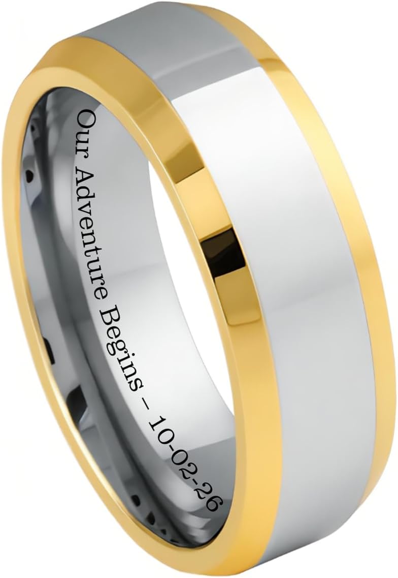 Personalized Two Tone Silver & Gold Tungsten Ring Set - Custom Engraved Wedding Bands - Matching His & Her's Jewelry | Free Engraving In Any Language - Ships from USA