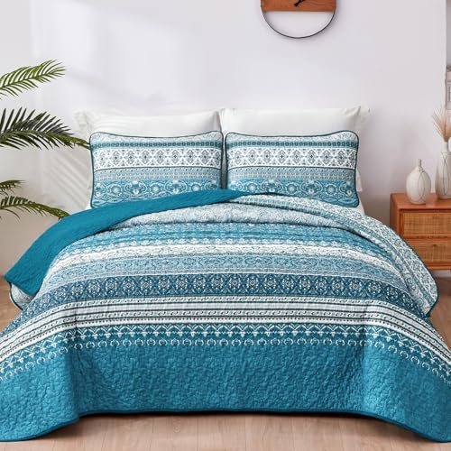 WONGS BEDDING Boho King Quilt Set, Teal/Blue, 3 Pieces