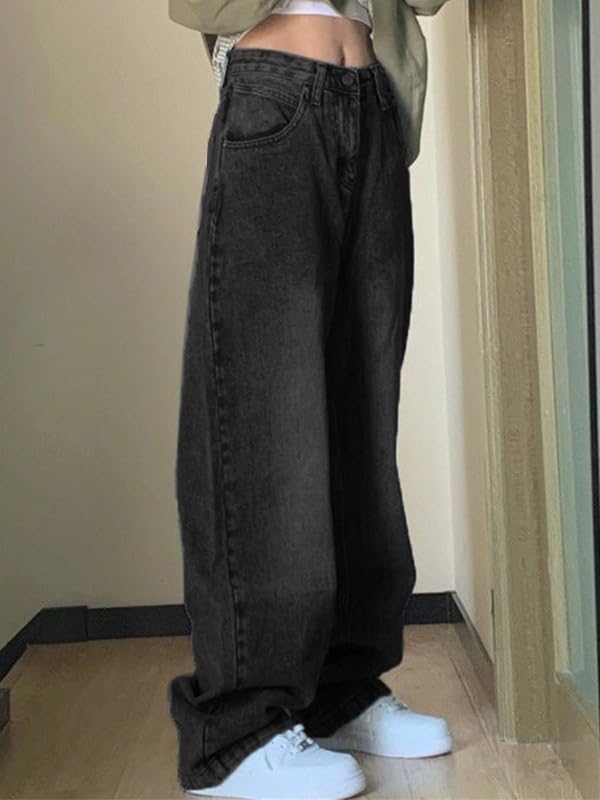 EMMIOL Mid-Low Rise Baggy Jeans for Women, Straight Leg Vintage Boyfriend Jeans with Distressed Details