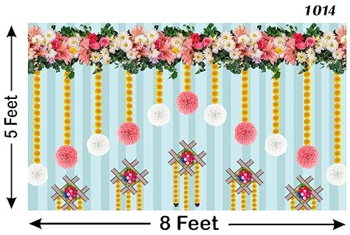 Image of Marigold Flower with Hanging Flower Backdrop Curtain for Decoration Backdrop Cloth for Pooja Decoration Traditional Fabric-Polyester Size 5 Feet Height and 8 Feet Width (5 * 8)