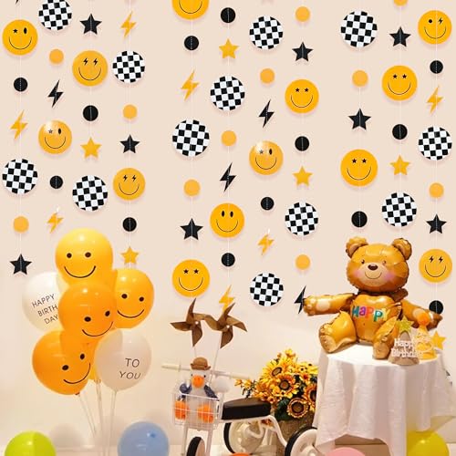 Image of One Happy Dude 1st Birthday Decorations Black Yellow Smile Face Lightning Star Checkered Circle Dot Smiley Face Garland Streamer for Baby Shower First Birthday Wedding Hippie Party Decoration Supplies