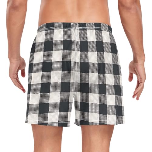 Mens Swim Trunks with Liner, White Black Plaid Cool Quick Dry Beach Swim Shorts, Swimwear Bathing Suits S2
