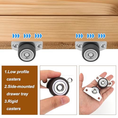 Set of 4 Side Mount Casters, 1.25 Inch Small Rubber L Shaped Plate Caster 140lbs Load Low Profile Mini Ball Bearing Non Swivel No Noise Caster Wheels with Screw for Home Office Furniture Appliance