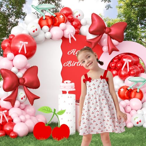 Image of JOGAMS Cherry Balloon Arch Garland Kit,172Pcs Cherry Party Decorations with Ribbon Cherry Bow Foil Balloons for Cherry On Top Baby Shower Birthday Bridal Shower Wedding Valentine's Galentine's Day