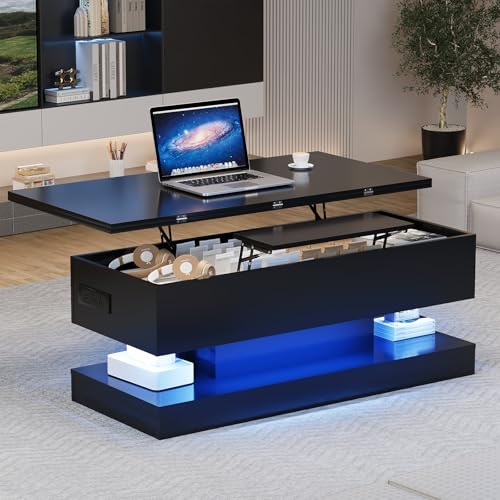47.2 Inch Large Lift Top Coffee Table Modern High Glossy LED Storage Table with Remote Control for Living Room Dining Room Home Office 47.2" L*19.29"