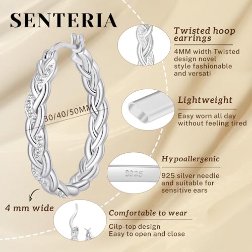 Senteria Silver Twisted Hoops Earring for Women Hypoallergenic Sterling Silver Post Hoop Earrings with AAA+ Cubic Zirconia 14K Gold Plated Hoop Earrings for Women 30/40/50MM3
