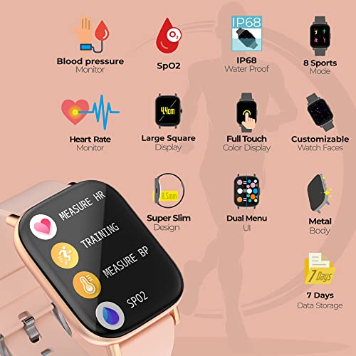 Image of ZEBRONICS Zeb-FIT5220CH Smart Fitness Watch, 2.5D Curved Glass 4.4cm Large Square Display, Metal Body, Dual Menu UI, 7-Day Data Storage, 8 Sports Mode, SpO2, BP & HR Monitor, (Gold)