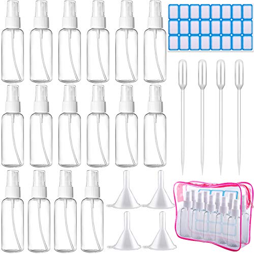 Duufin 16 Pack Spray Bottles 2oz Fine Mist Bottle Clear Empty Spray Bottle Small Travel Bottle Set with 4 Pieces Funnels 4 Pieces Droppers and 24 Pieces Labels (Bonus: 1 Piece Transparent Zipper Bag)