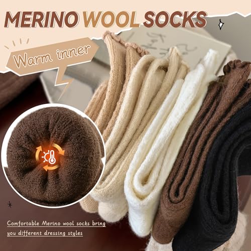 Eyean Womens Merino Wool Ruffle Socks Knit Warm Boot Winter Cozy Thermal Hiking Dress Crew Frilly Socks 5 Pairs3