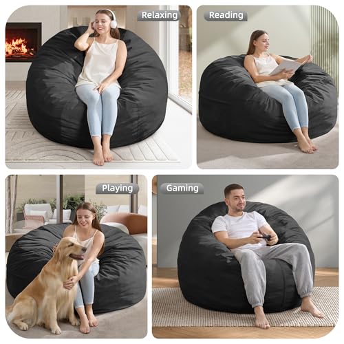 Image of Hobestluk Adults Bean Bag Chair 4FT Big BeanBag Chair Extra Large Oversized | Memory Foam,Removable Cover,Velvet Fabric,Storage Pocket,Handle,Breathable Lounge Chair for Bedroom Study Room | Black 4FT
