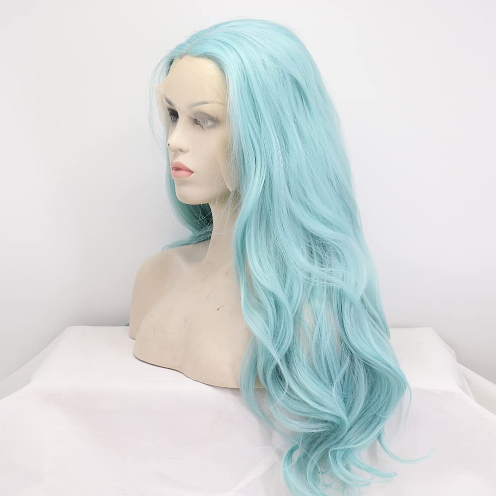 xiweiya Mixed Blue Green Lace Front Wig Natural Blue Long Body Wavy Synthetic Full Wig T Part Lace Middle Part Heat Resistant Fiber for Women 24inch… - Image 2