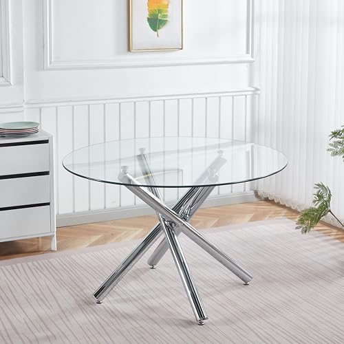 Round Glass Dining Room Table for 4-6, Modern Tempered Glass Top, Sturdy Chrome Legs, Adjustable Foot Pads, Kitchen Table for Living Room, Dining Room, Tea, Home, 47.24 Inch, Round Silver Base