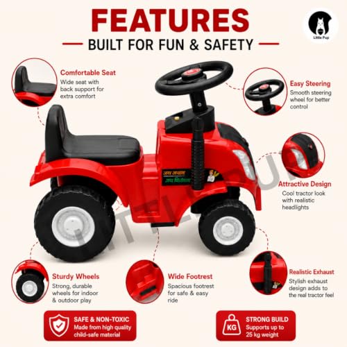 Image of Little Pup Kids Ride On Tractor Toy with Music & Horn, Steering Wheel, Comfortable Backrest, Wide Footrest & Sturdy Wheels for Boys & Girls